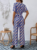 Printed Surplice Tie Waist Short Sleeve Jumpsuit