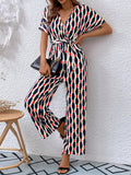 Printed Surplice Tie Waist Short Sleeve Jumpsuit Deep Red / S