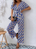 Printed Surplice Tie Waist Short Sleeve Jumpsuit Navy / S