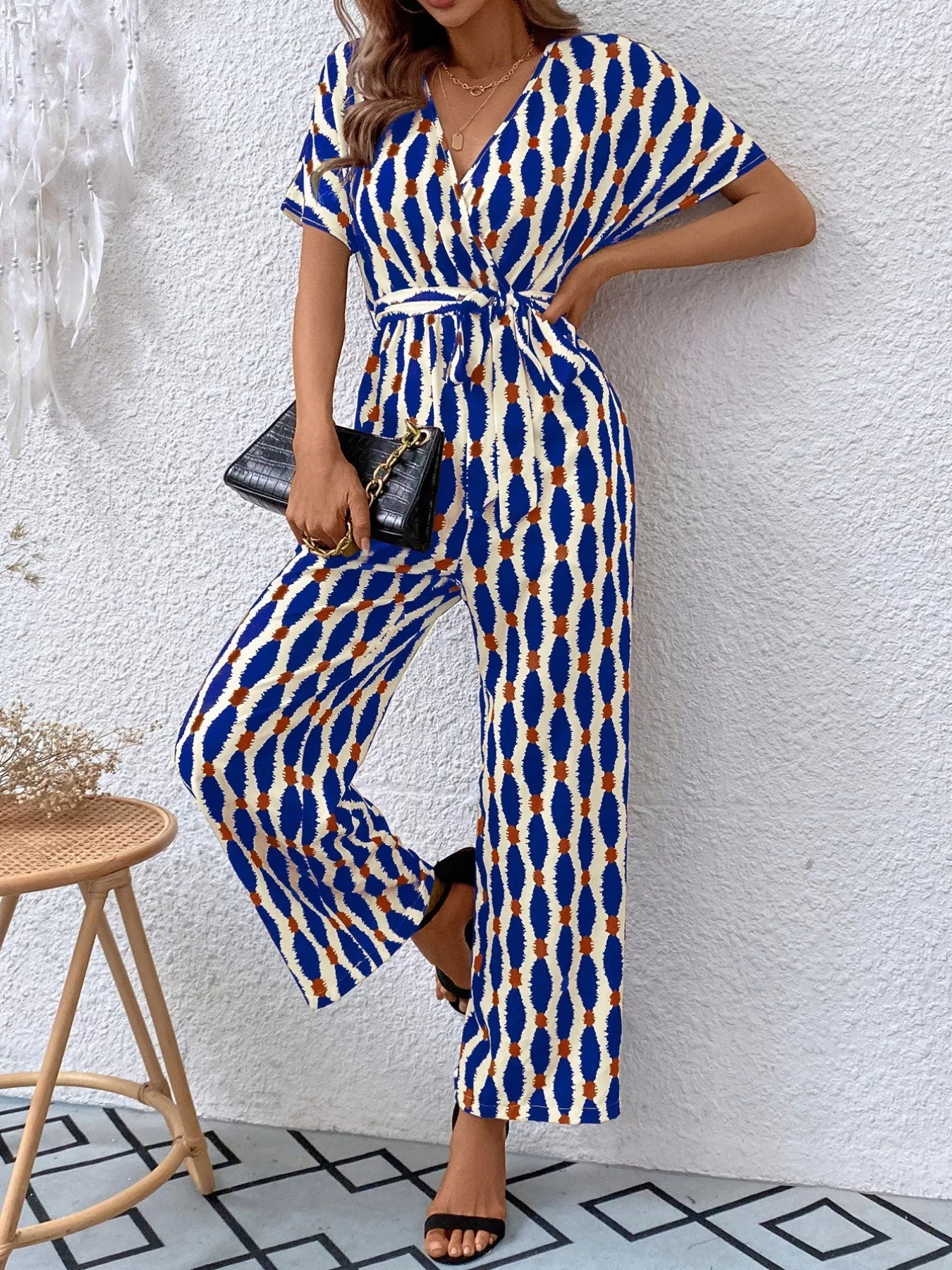 Printed Surplice Tie Waist Short Sleeve Jumpsuit Navy / S