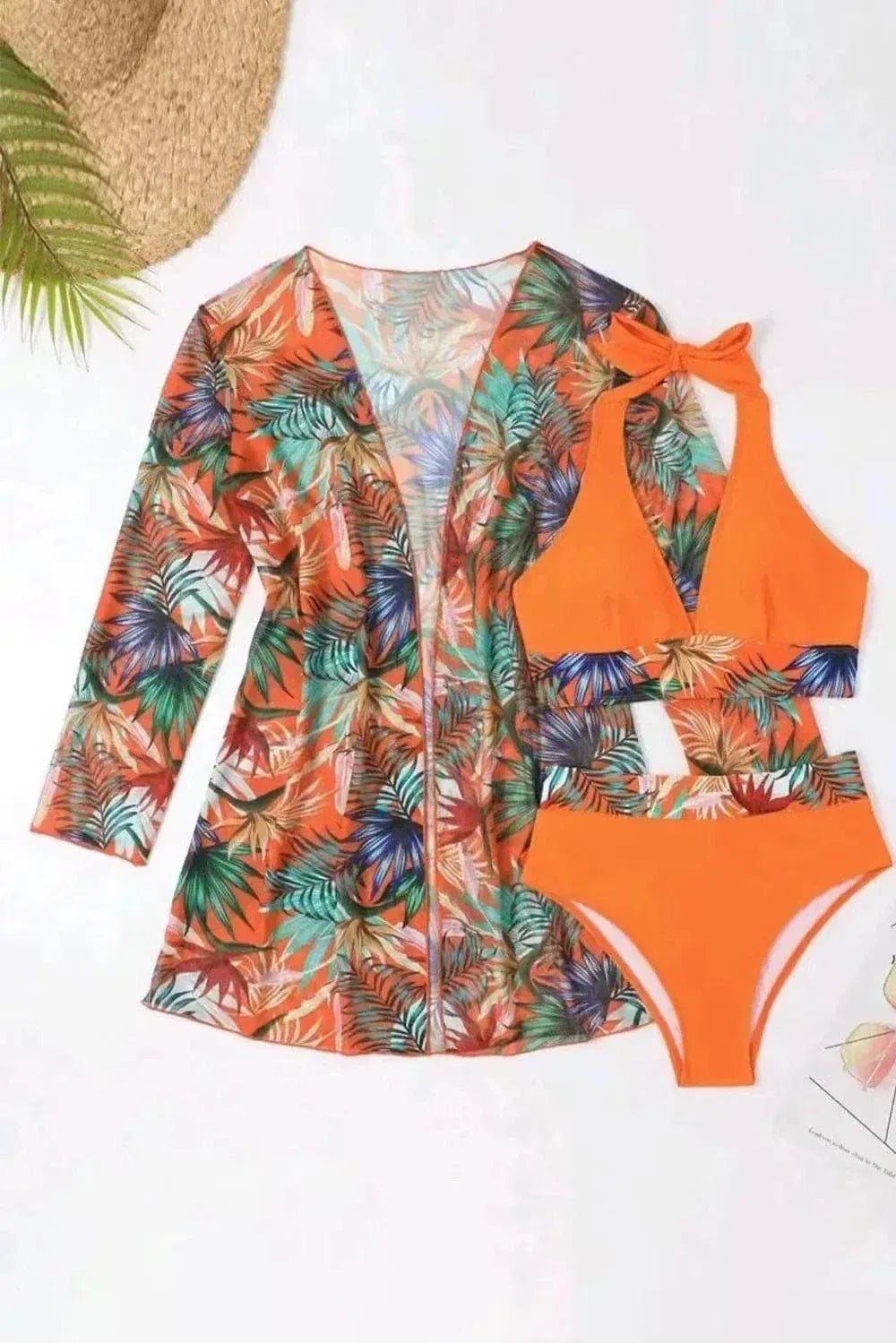 Printed Three-Piece Halter Bikini Set Tangerine / S