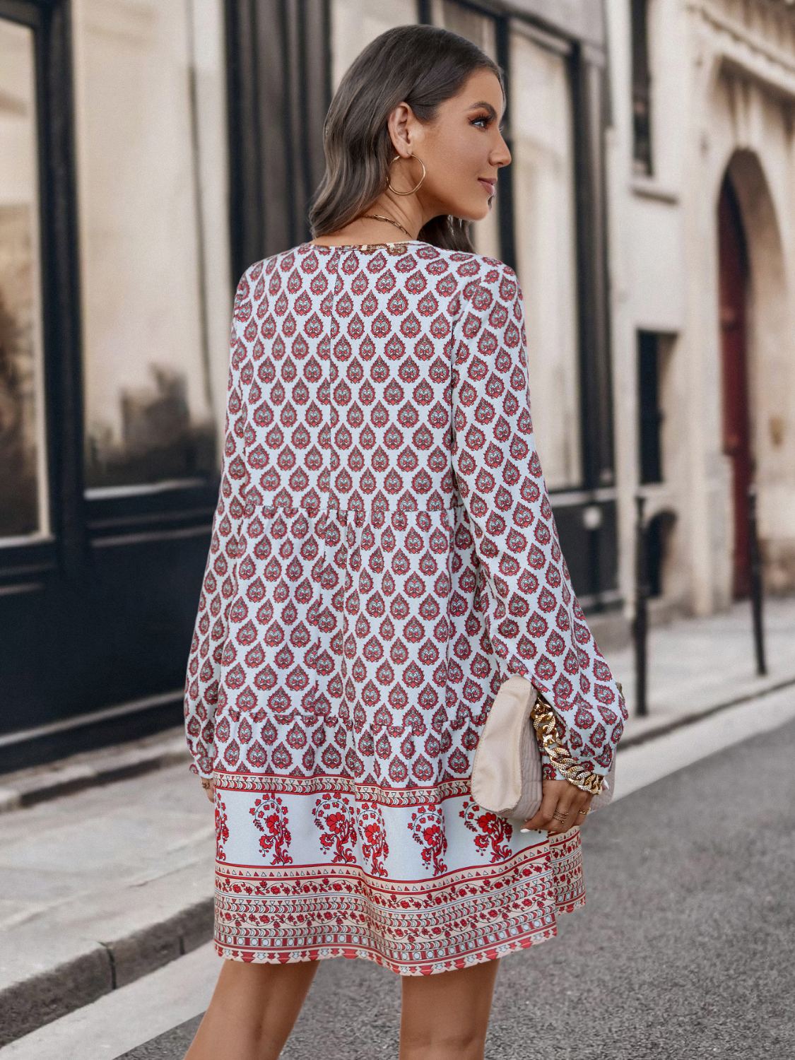 Printed Tie-Neck Long-Sleeve Dress