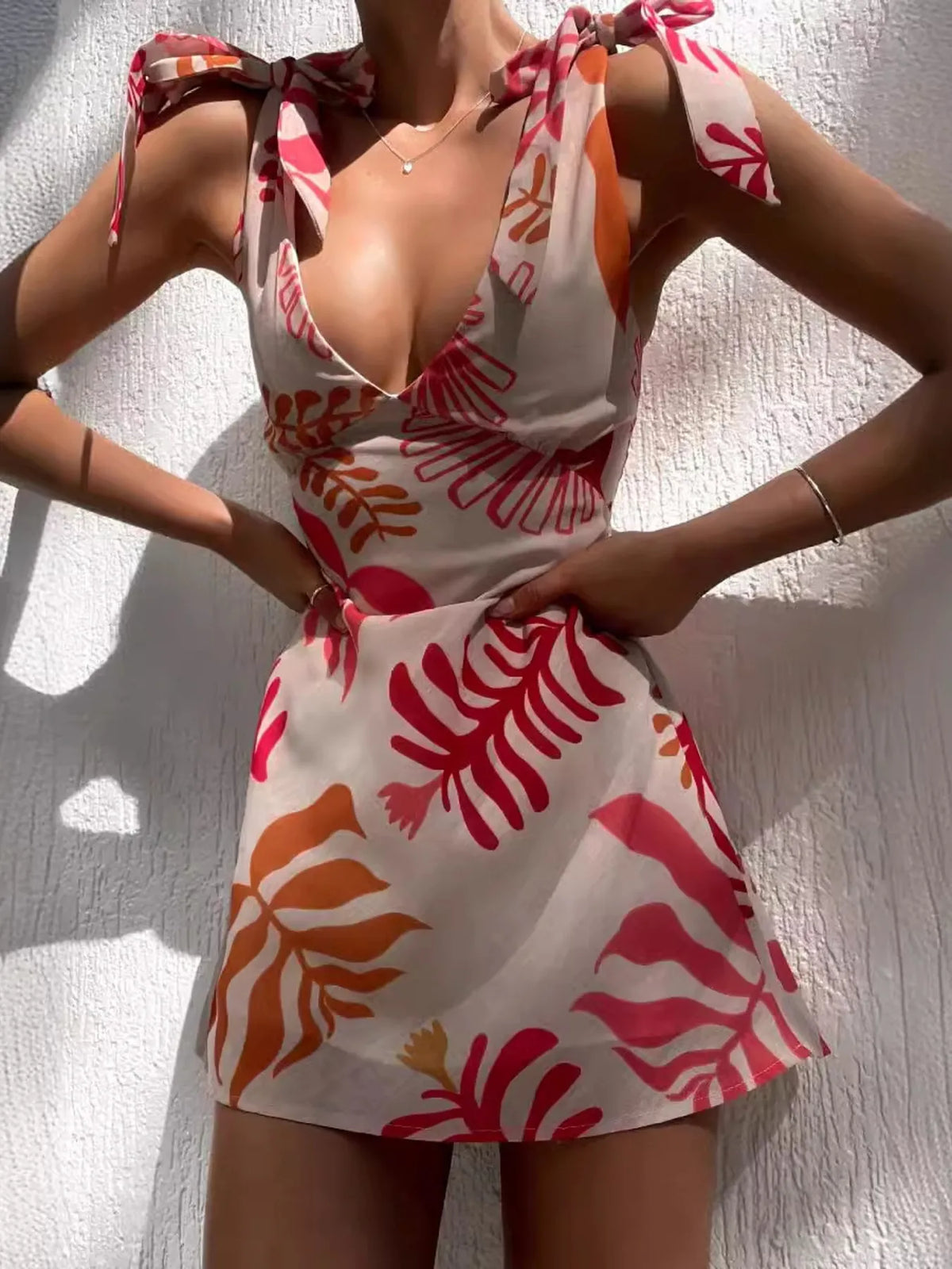 Printed Tie Shoulder Mini Dress