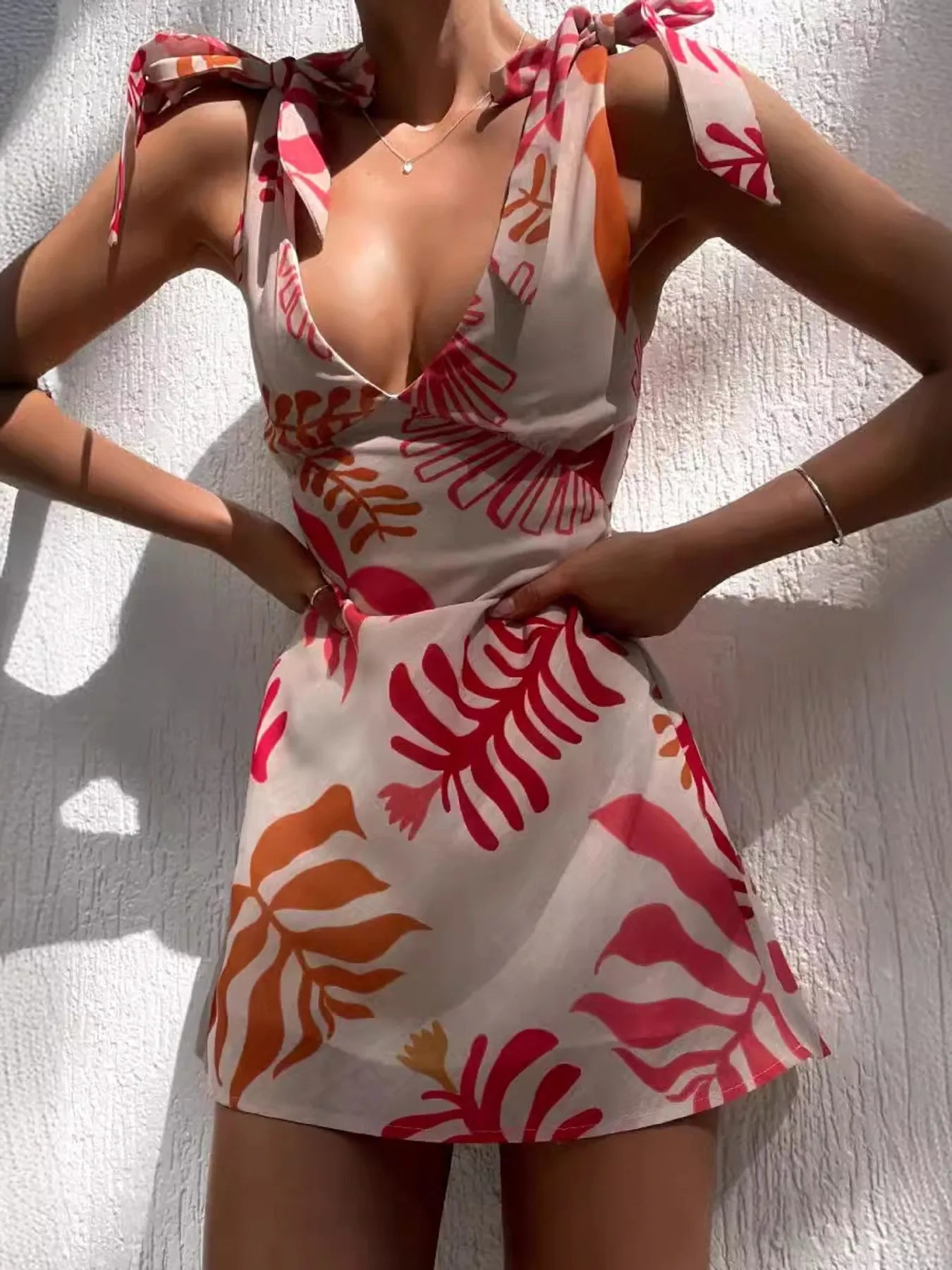 Printed Tie Shoulder Mini Dress Picture Color / S