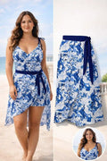 Printed Tie Shoulder Swimwear and Skirt Swim Set Dusty Blue / S