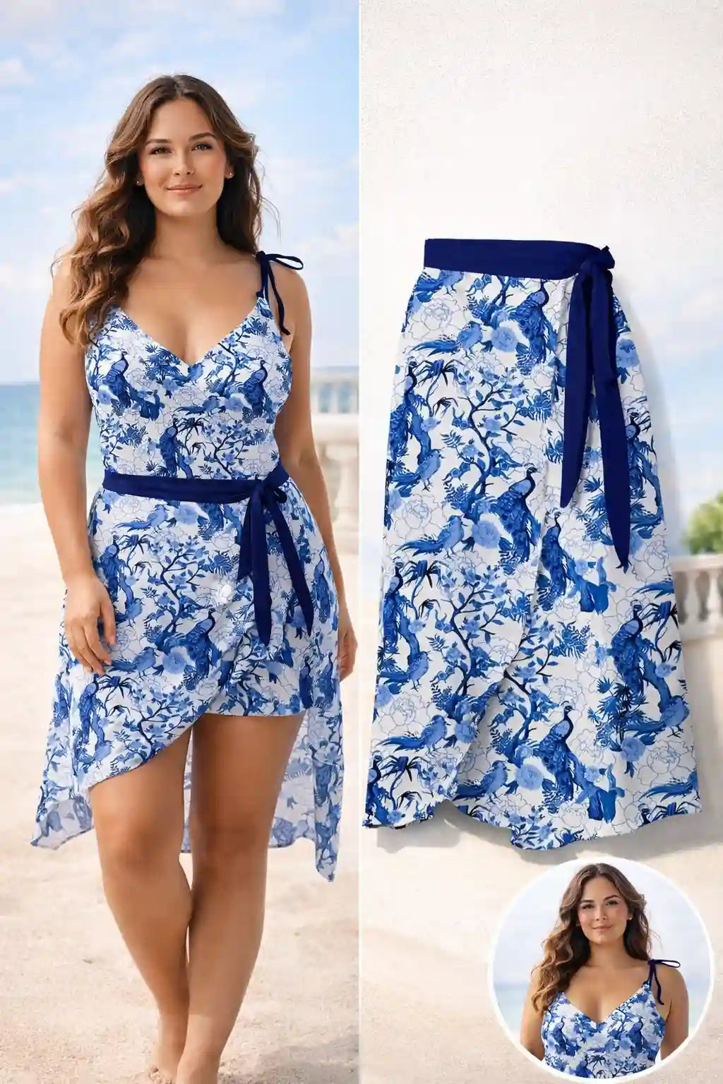 Printed Tie Shoulder Swimwear and Skirt Swim Set Dusty Blue / S