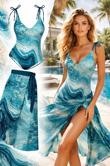 Printed Tie Shoulder Swimwear and Skirt Swim Set Teal / S