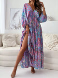 Printed V-Neck Balloon Sleeve Slit Maxi Dress