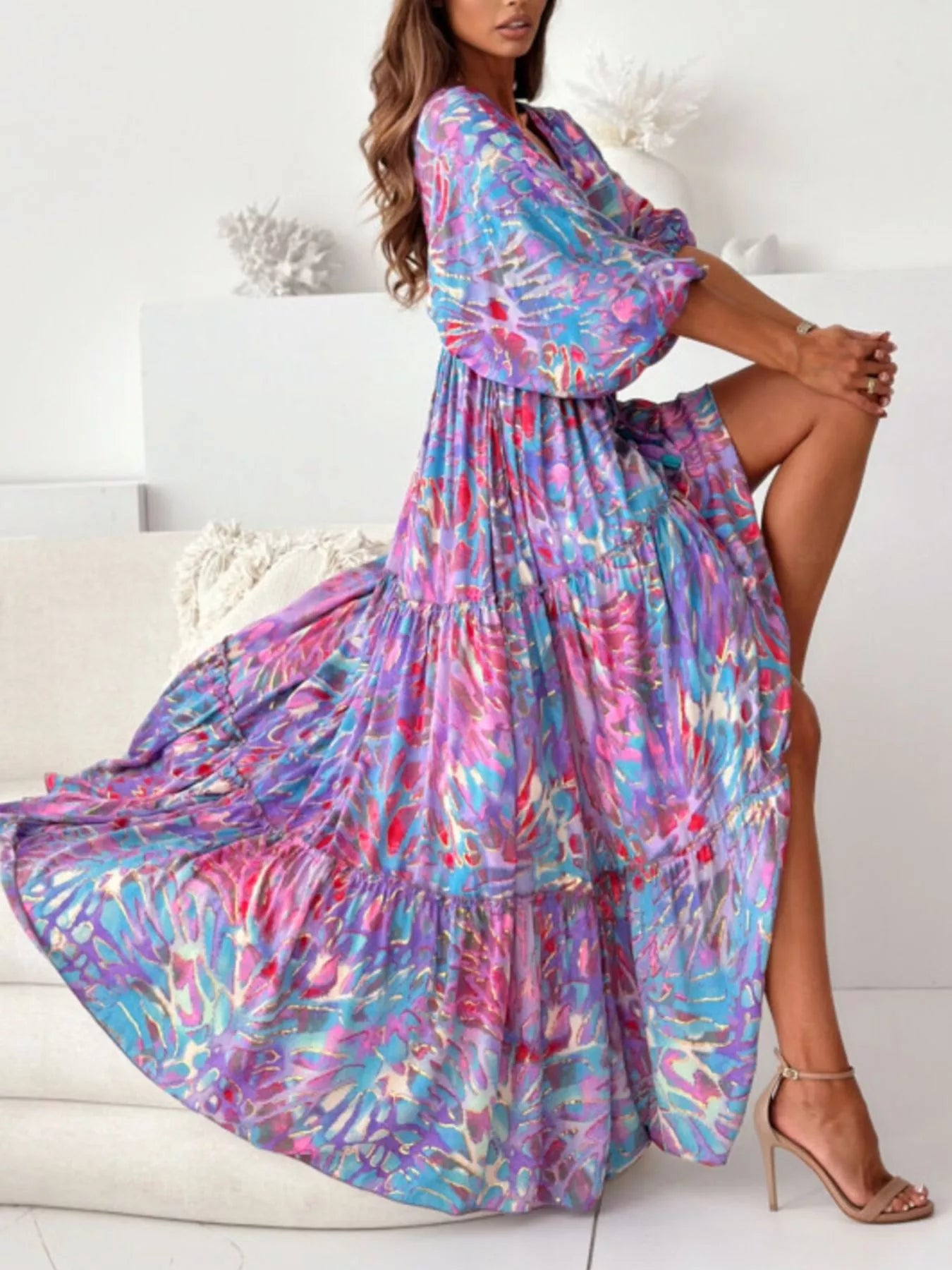 Printed V-Neck Balloon Sleeve Slit Maxi Dress