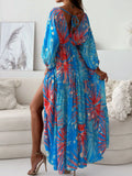 Printed V-Neck Balloon Sleeve Slit Maxi Dress