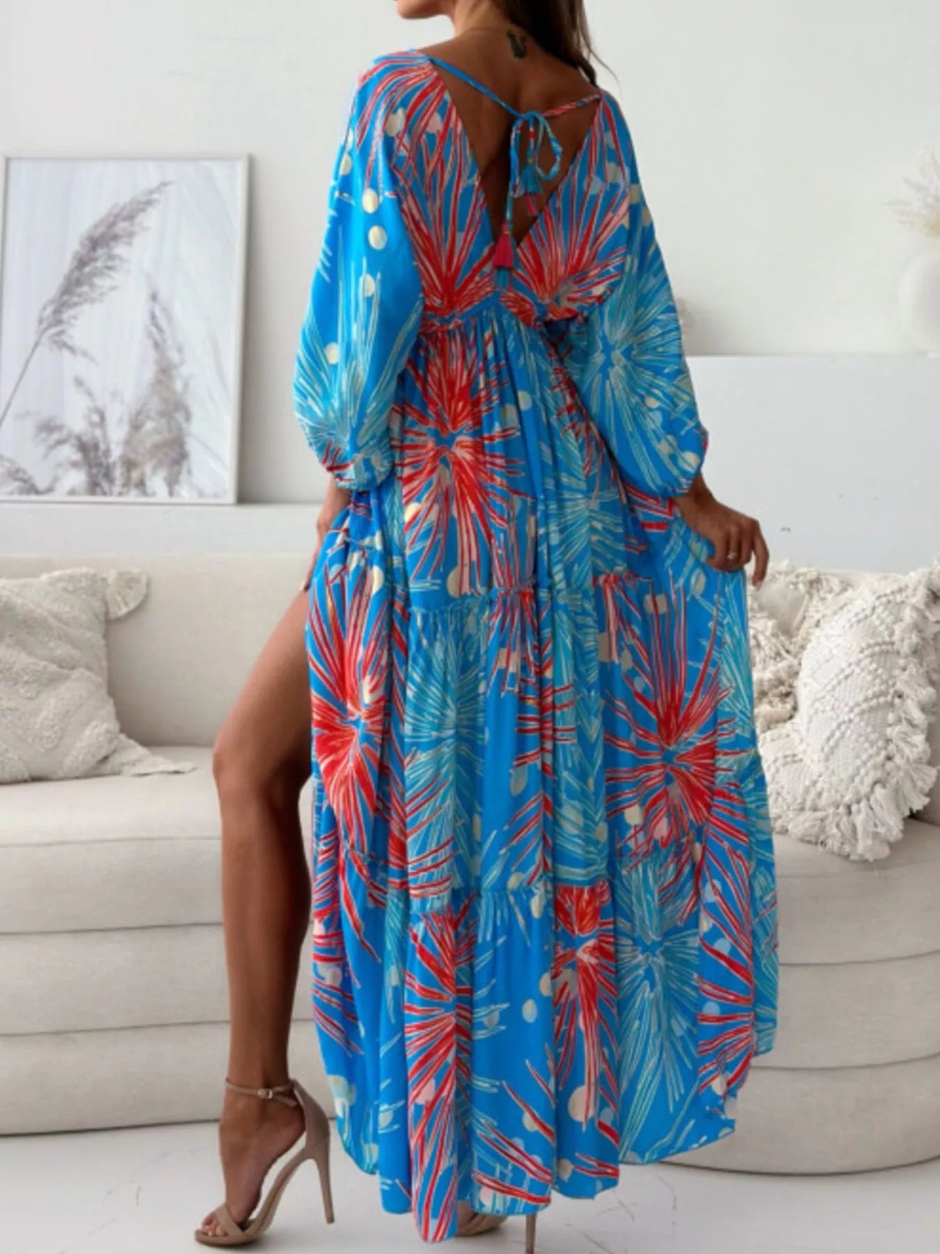 Printed V-Neck Balloon Sleeve Slit Maxi Dress