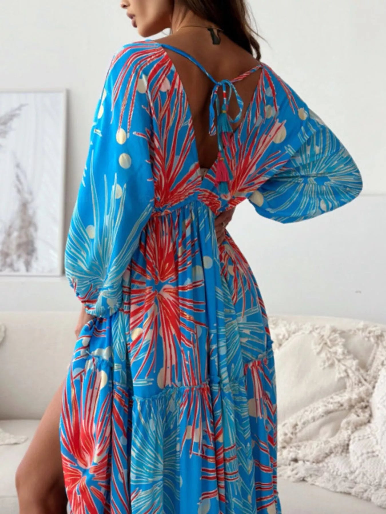 Printed V-Neck Balloon Sleeve Slit Maxi Dress
