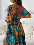 Printed V-Neck Balloon Sleeve Slit Maxi Dress