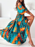 Printed V-Neck Balloon Sleeve Slit Maxi Dress