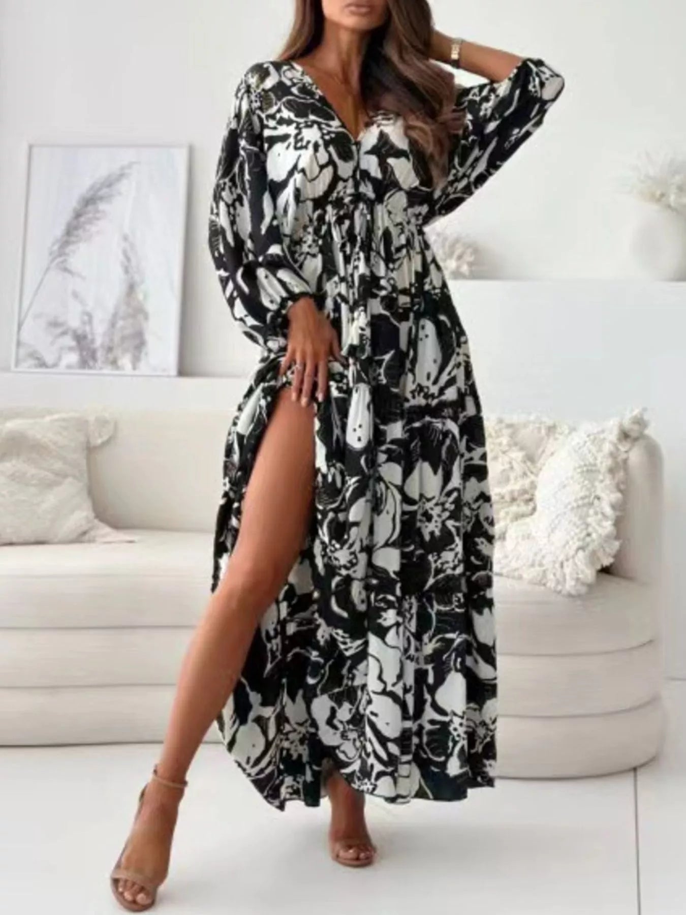Printed V-Neck Balloon Sleeve Slit Maxi Dress Black / S