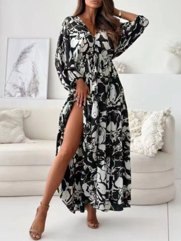 Printed V-Neck Balloon Sleeve Slit Maxi Dress Black / S