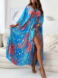Printed V-Neck Balloon Sleeve Slit Maxi Dress Blue / S
