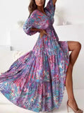 Printed V-Neck Balloon Sleeve Slit Maxi Dress Lilac / S