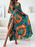 Printed V-Neck Balloon Sleeve Slit Maxi Dress Turquoise / S
