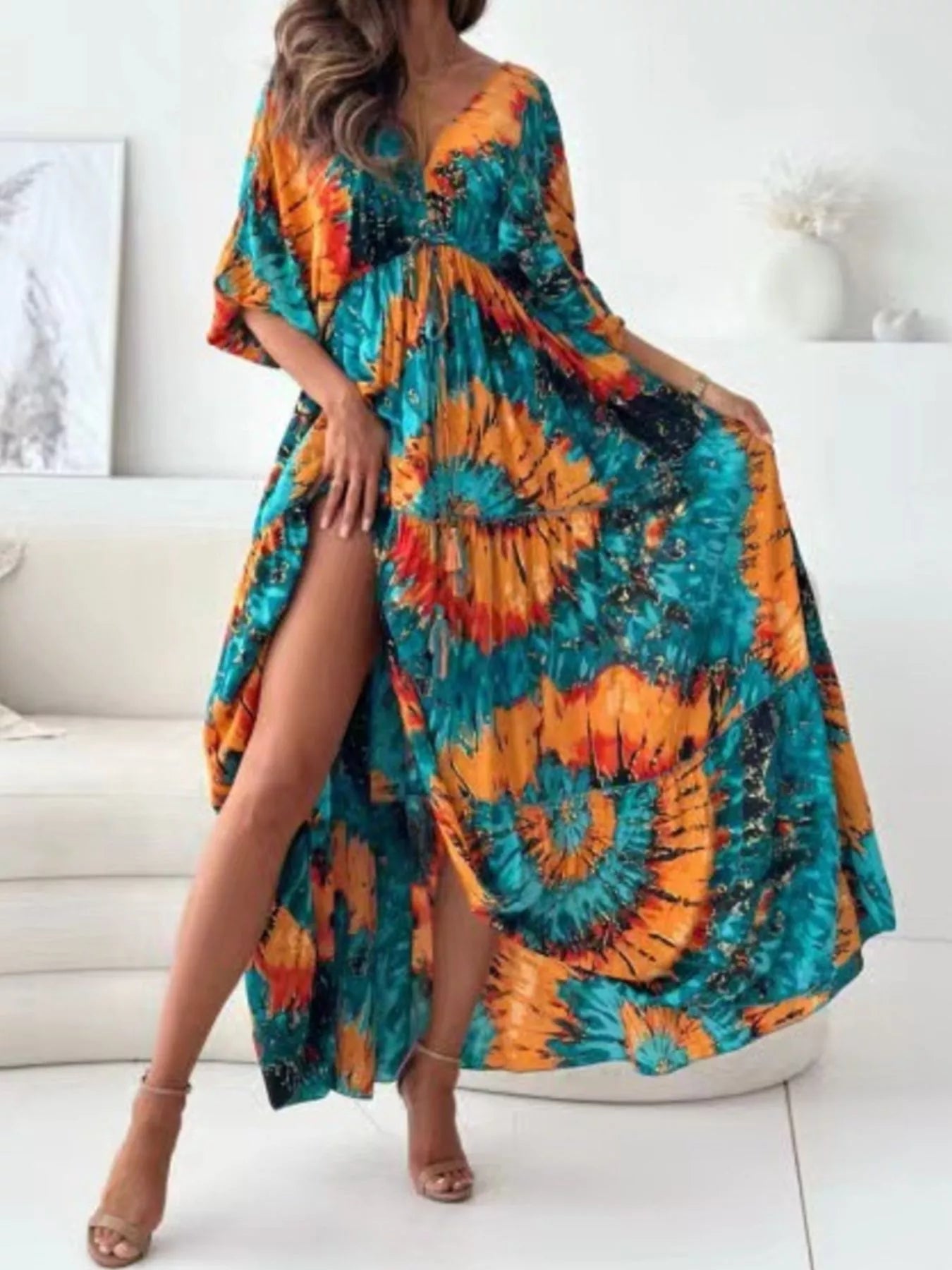 Printed V-Neck Balloon Sleeve Slit Maxi Dress Turquoise / S