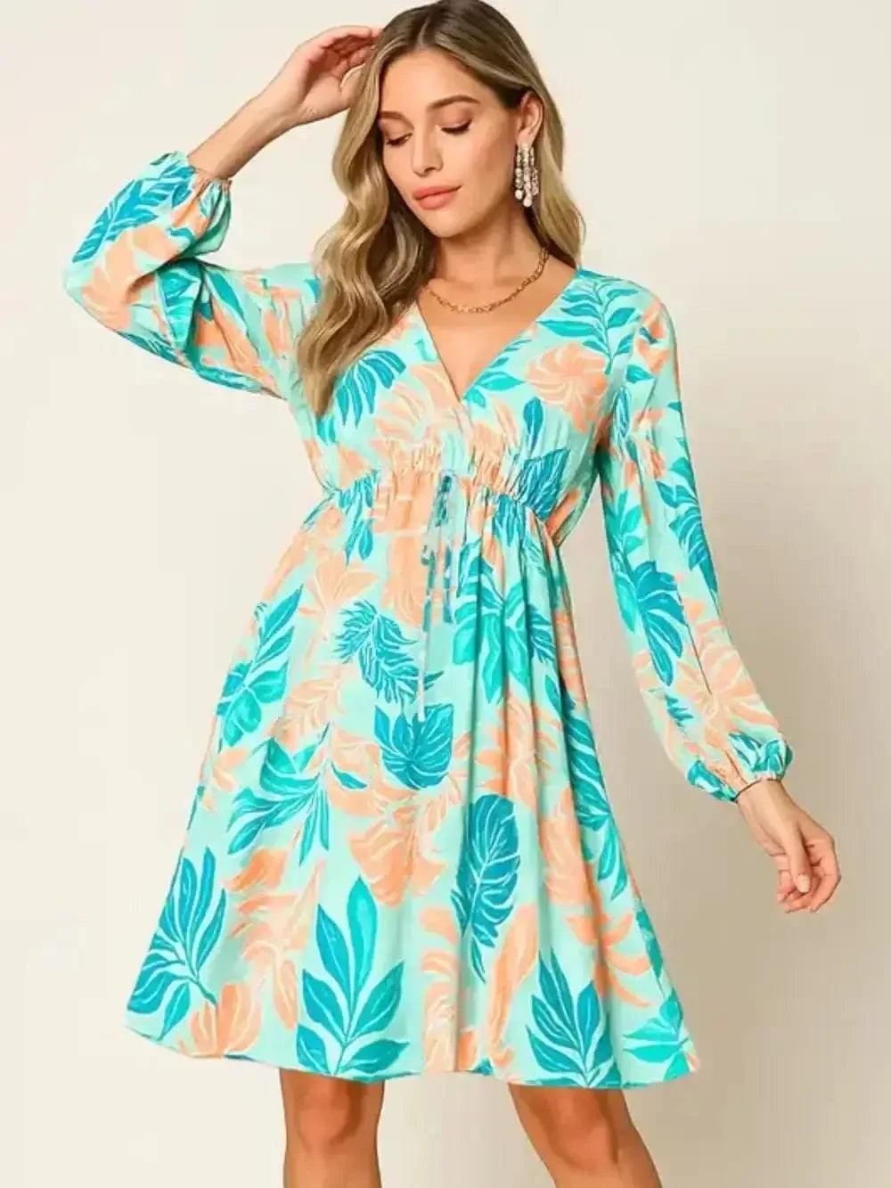 Printed V-Neck Drawstring Dress for Women Turquoise / S