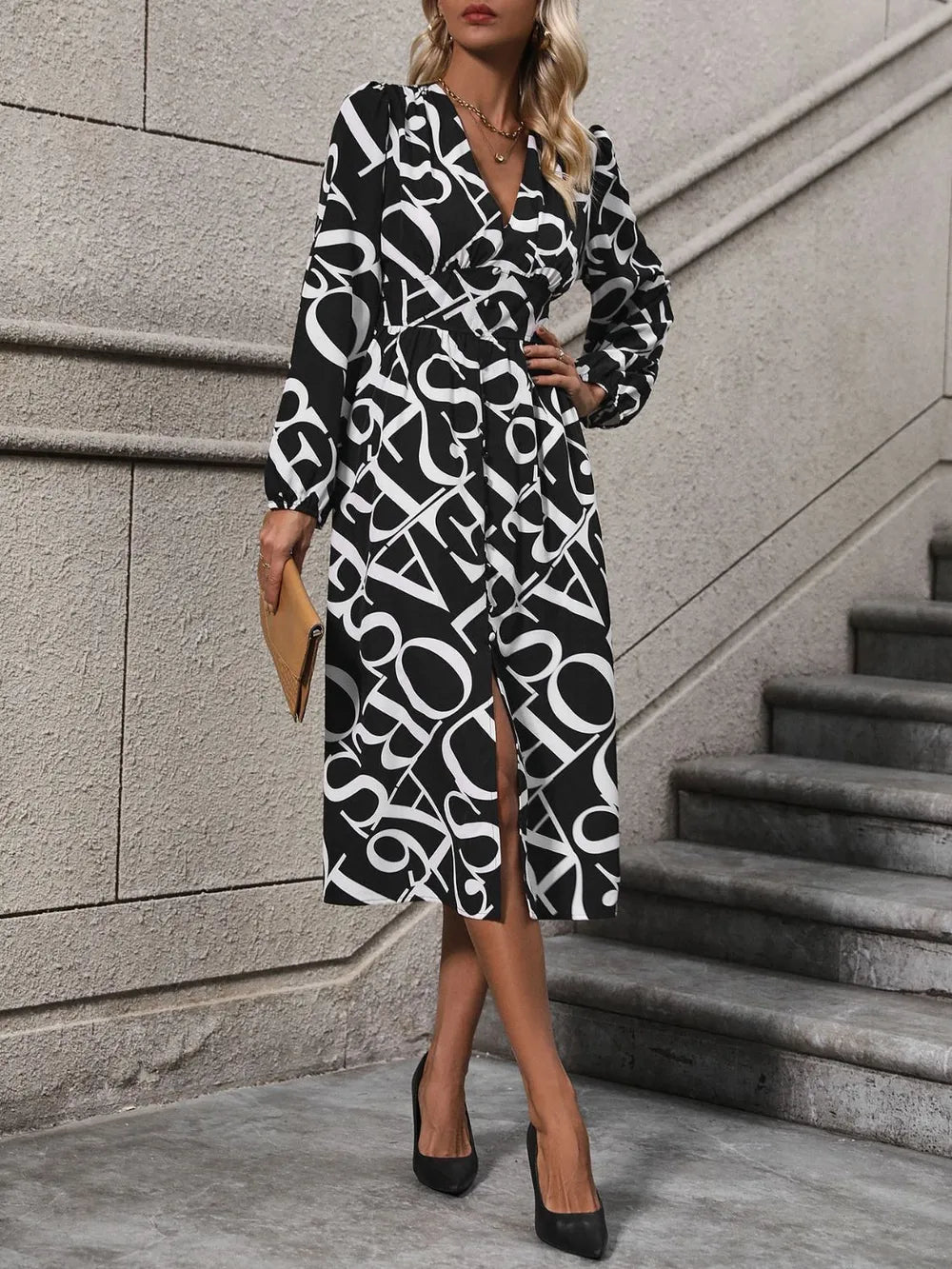 Perfee Printed V-Neck Long-Sleeve Midi Dress - product view 4