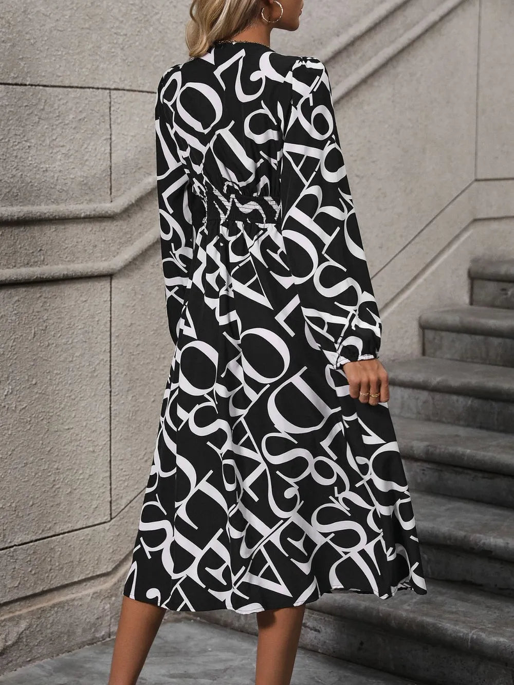 Perfee Printed V-Neck Long-Sleeve Midi Dress - product view 2