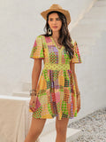 Printed V Neck Mini Dress with Crochet Trim