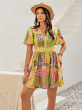 Printed V Neck Mini Dress with Crochet Trim