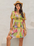 Printed V Neck Mini Dress with Crochet Trim