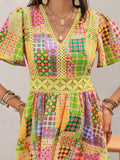 Printed V Neck Mini Dress with Crochet Trim