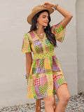 Printed V Neck Mini Dress with Crochet Trim