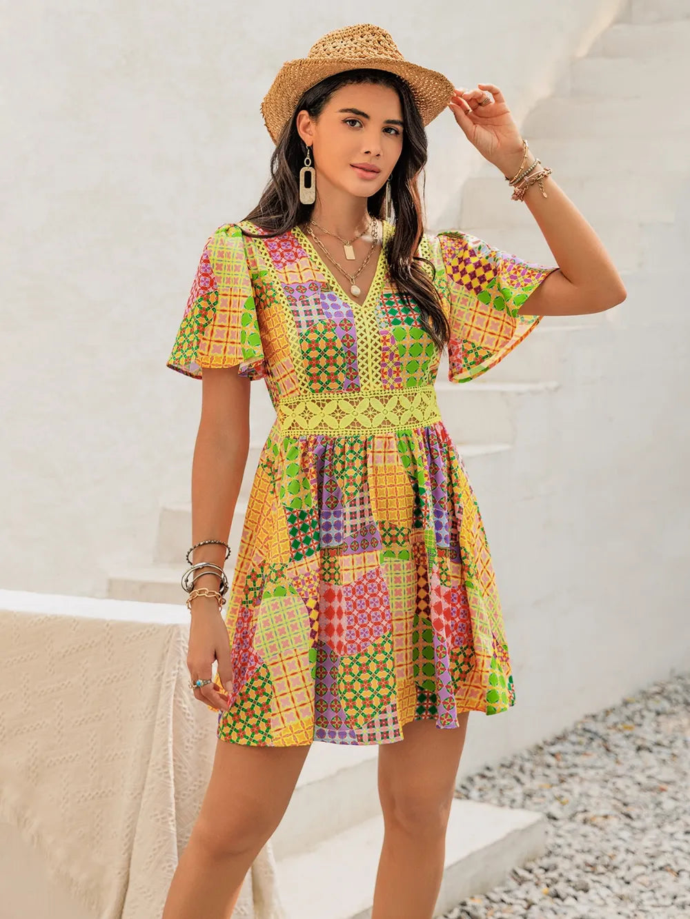 Printed V Neck Mini Dress with Crochet Trim