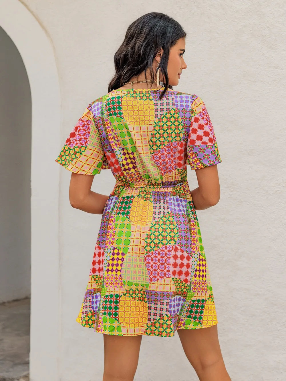 Printed V Neck Mini Dress with Crochet Trim