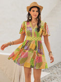 Printed V Neck Mini Dress with Crochet Trim Yellow / S