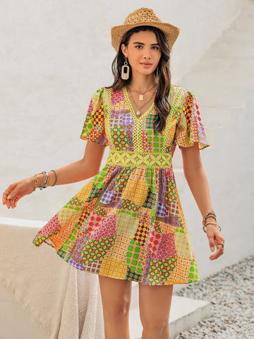 Printed V Neck Mini Dress with Crochet Trim Yellow / S