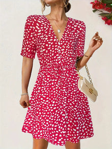Printed V-Neck Short-Sleeve Mini Dress