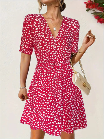 Printed V-Neck Short-Sleeve Mini Dress - product view 1