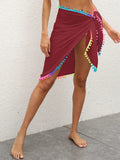 Rainbow Pompom Trim Swim Skirt Burgundy / One Size