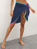 Rainbow Pompom Trim Swim Skirt Dark Blue / One Size