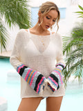 Rainbow Stripe Openwork Boat Neck Swim Cover-Up