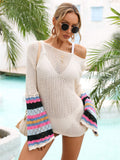 Rainbow Stripe Openwork Boat Neck Swim Cover-Up Cream / S