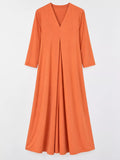Relaxed V-Neck Long-Sleeve Midi Dress