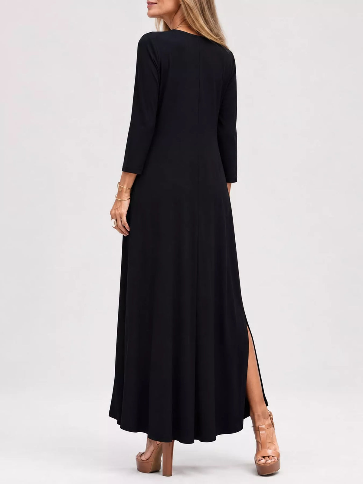 Robe midi décontractée à col en V et manches longues