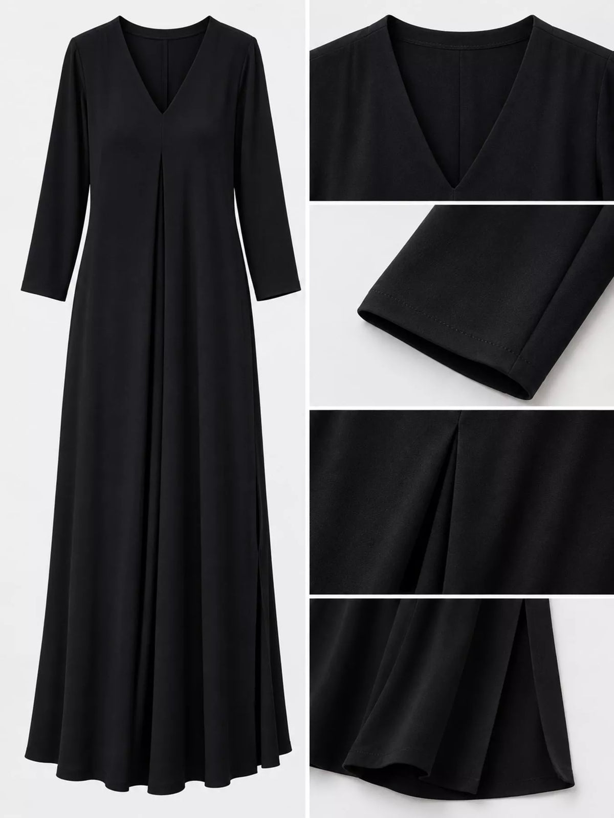 Relaxed V-Neck Long-Sleeve Midi Dress