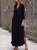 Relaxed V-Neck Long-Sleeve Midi Dress Black / S