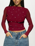 Rhinestone Long Sleeve T‑Shirt Burgundy / S