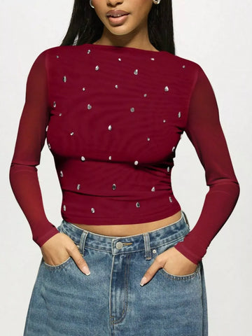 Rhinestone Long Sleeve T‑Shirt Burgundy / S
