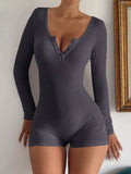 Ribbed Knit Long Sleeve Romper Gray / S