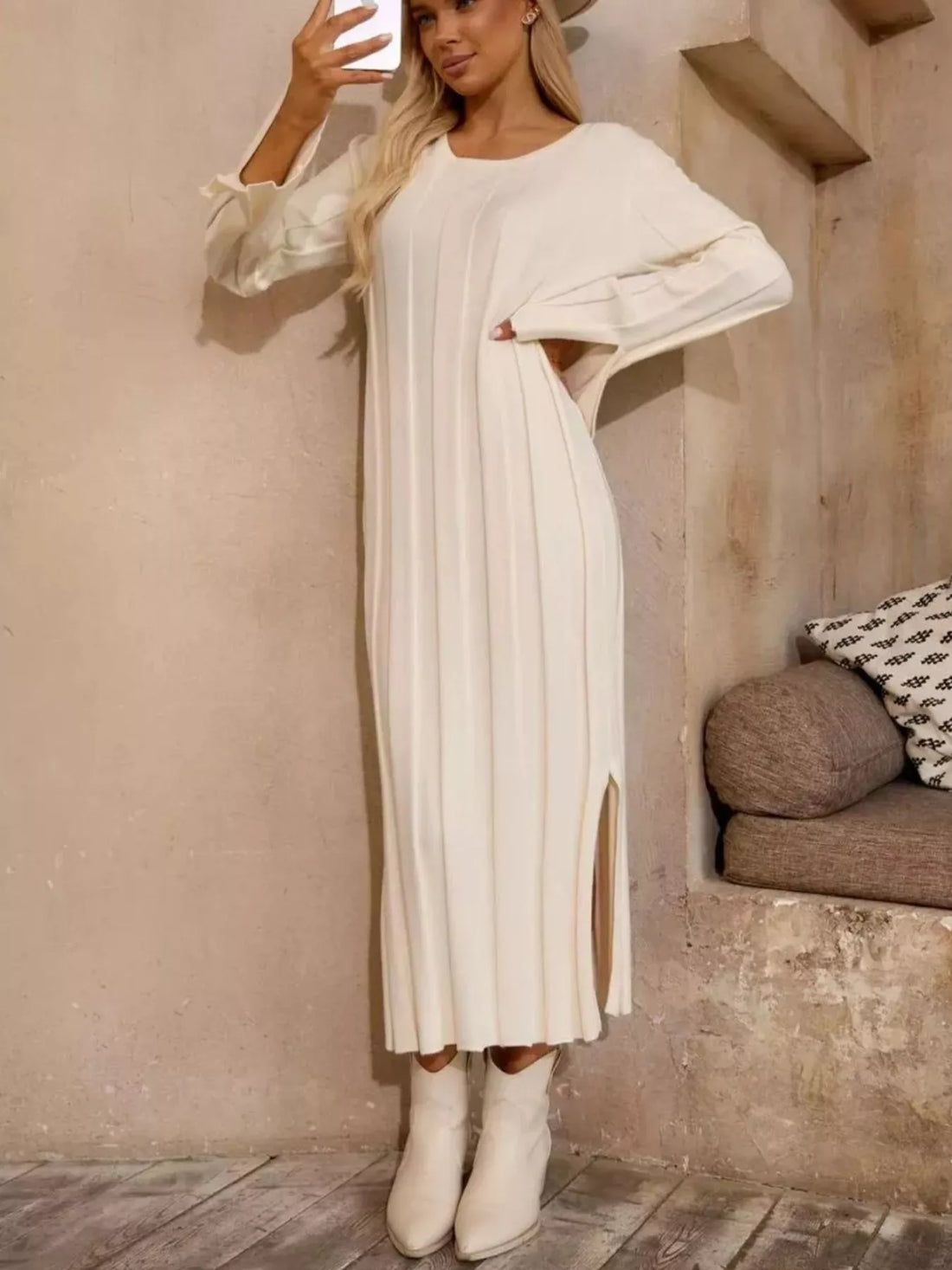 Ribbed Knit Slit Sweater Dress White / S